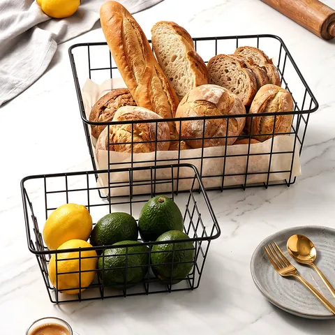Modern Minimalist Iron Wire Mesh Storage Basket Rectangular Metal Organizer For Home Kitchen Desktop Fruit Snack Organization