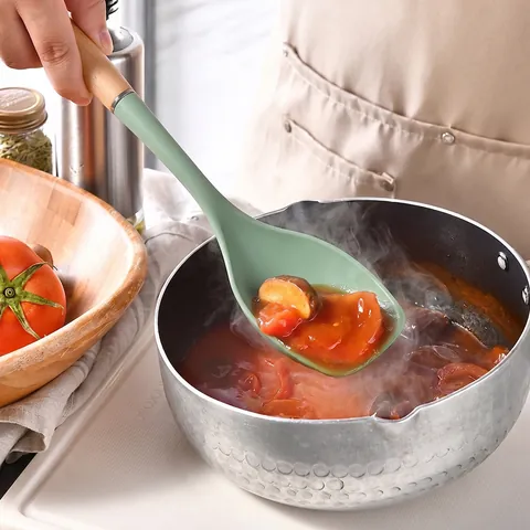 Silicone Kitchenware Set Beech Wood Handle Heat Resistant Non-stick Cooking Spatula Salad Spoon Colander Tools For Home