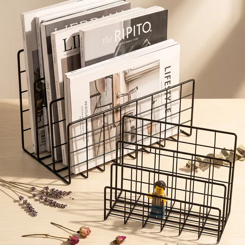 Nordic Metal Wire Desktop Bookshelf Document Organizer Gold Black Geometric Grid File Storage Stand Office Home Decor