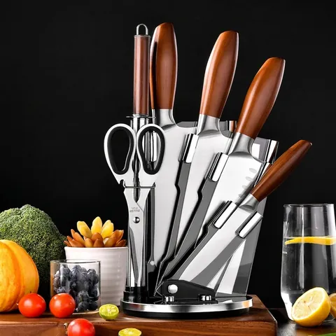 Stainless Steel Kitchen Knife Set 7 Piece High Carbon Steel Chef Cleaver Sharpener Scissors With Rotating Acrylic Stand