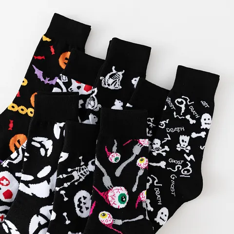 Halloween Mid Calf Socks Men Women Pumpkin Skull Ghost Bat Pattern Breathable Soft Polyester Casual Festive Novelty Socks
