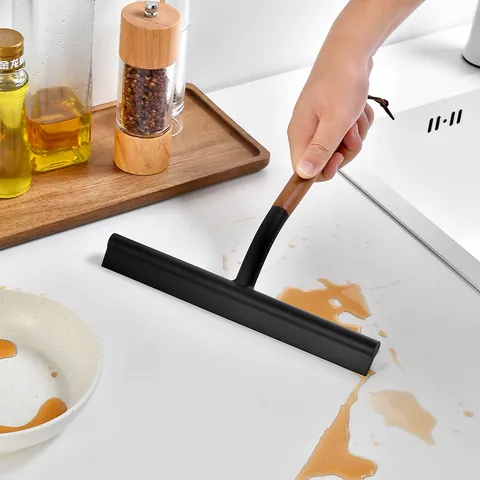 Modern Beech Wood Handle Silicone Squeegee For Window Glass Shower Door Bathroom Floor Cleaning Tool With Leather Lanyard