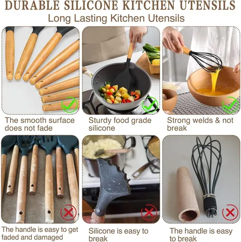 Silicone Kitchen Utensil Set Wooden Handles Heat Resistant Non-Stick Cooking Tools Set with Storage Holder for Kitchen