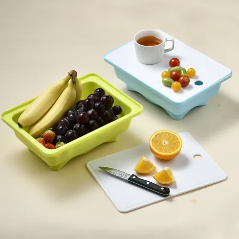 Outdoor Camping Multifunctional Drainage Basket With Cutting Board Foldable TPR Kitchen Vegetable Fruit Sink Washing Basket Portable Picnic Storage Box