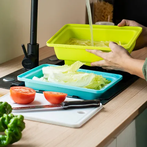 Outdoor Camping Multifunctional Drainage Basket With Cutting Board Foldable TPR Kitchen Vegetable Fruit Sink Washing Basket Portable Picnic Storage Box