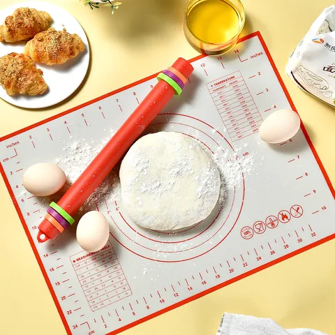 Food Grade Silicone Baking Mat and Adjustable Rolling Pin Set with Measurement Scale Thickness Rings Non-slip Heat Resistant Dough Mat Kitchen Baking Tools