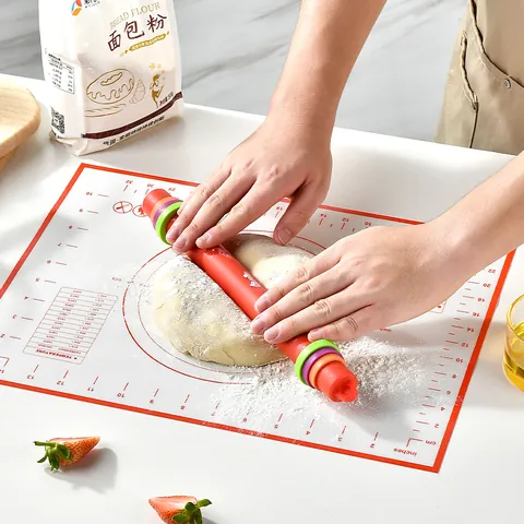 Food Grade Silicone Baking Mat and Adjustable Rolling Pin Set with Measurement Scale Thickness Rings Non-slip Heat Resistant Dough Mat Kitchen Baking Tools