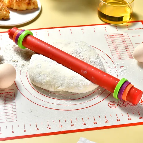 Juego de Rodillo de Silicona Ajustable y Tapete de Pastelería Rodillo con Anillos de Grosor y Tapete de Amasado Antiadherente para Hornear