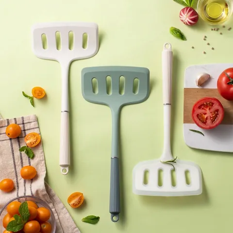 Heat Resistant Silicone Spatula Non-Stick Kitchen Cooking Turner Slotted Fish Steak Spatula With Wood Stainless Steel Handle