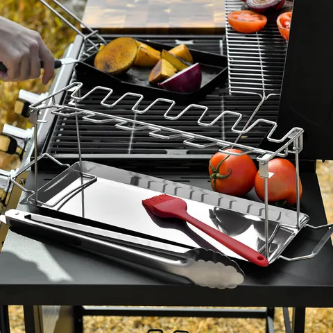 Collapsible Stainless Steel Chicken Leg Wing Rack With Drip Tray Tongs Brush Multi-Slot Barbecue Grill For Outdoor Picnic BBQ