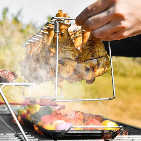 Stainless Steel Chicken Leg Wing Grill Rack With Drip Tray Foldable BBQ Roaster Stand For Smoker Oven Outdoor Cooking Camping