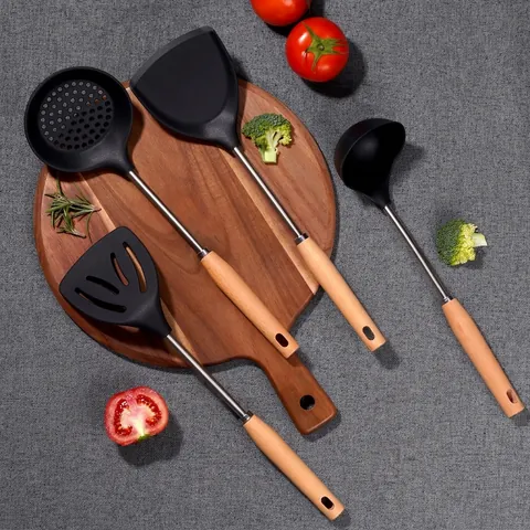 Food Grade Silicone Kitchen Utensils Natural Beech Wood Handle Heat Resistant Non-Stick Spatula Slotted Turner Soup Ladle Tools