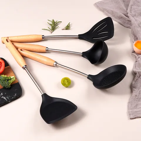 Food Grade Silicone Kitchen Utensils Natural Beech Wood Handle Heat Resistant Non-Stick Spatula Slotted Turner Soup Ladle Tools