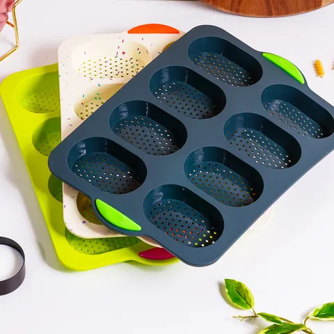 Multi Cavity Perforated Silicone Bread Mold Non Stick Baking Tray For French Bread Cake Heat Resistant Silicone Muffin Pan With Handles