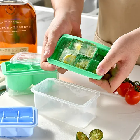 Silicone Ice Cube Mold Tray 2 Holes Round Ball 8 Grid Square With Lid Press Type Easy Release For Whiskey Cold Drinks Home