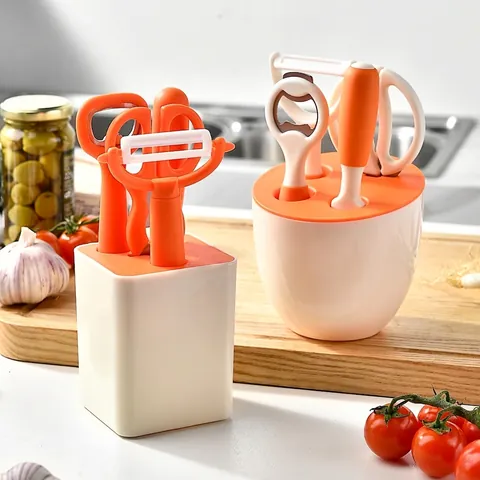 5-Piece Kitchen Gadget Set With Storage Base ABS Stainless Steel Fruit Knife Peeler Scissors Bottle Opener Orange White
