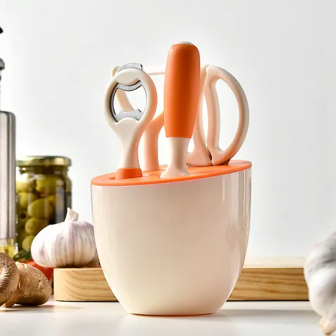 5-Piece Kitchen Gadget Set With Storage Base ABS Stainless Steel Fruit Knife Peeler Scissors Bottle Opener Orange White