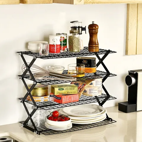 Stackable Stainless Steel Kitchen Storage Rack Black Foldable Cabinet Organizer Spice Shelf Countertop Drying Rack Home Kitchen Organization