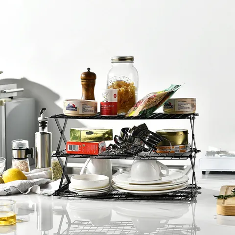 Stackable Stainless Steel Kitchen Storage Rack Black Foldable Cabinet Organizer Spice Shelf Countertop Drying Rack Home Kitchen Organization