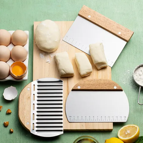 Stainless Steel Dough Scraper Potato Crinkle Cutter With Wooden Handle 14cm Scale For Kitchen Baking Tools Vegetable Slicer