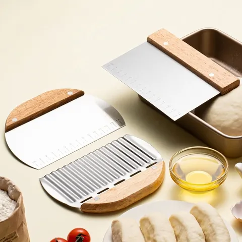 Stainless Steel Dough Scraper Potato Crinkle Cutter With Wooden Handle 14cm Scale For Kitchen Baking Tools Vegetable Slicer