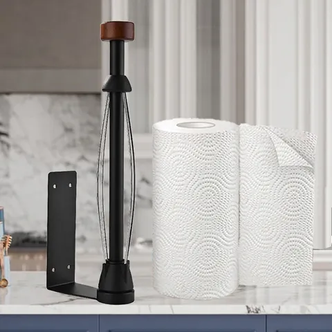 Magnetic Kitchen Paper Towel Holder Wall Mounted Stainless Steel Napkin Rack with Wood Decor Black Paper Towel Storage Rack