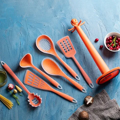 Silicone Kitchen Utensil Set With Stand Heat Resistant Non-stick Turner Soup Ladle Pasta Server Skimmer Modern Speckled Tools