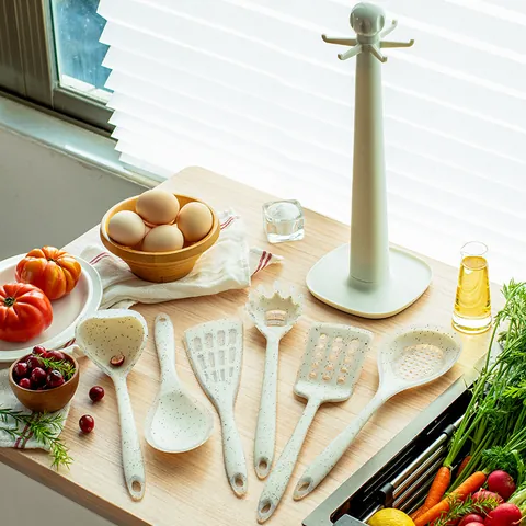 Silicone Kitchen Utensil Set With Stand Heat Resistant Non-stick Turner Soup Ladle Pasta Server Skimmer Modern Speckled Tools