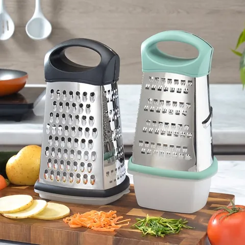Multi-functional Stainless Steel 4-Sided Vegetable Grater With Container Non-Slip Curved Handle Shredder Slicer For Kitchen