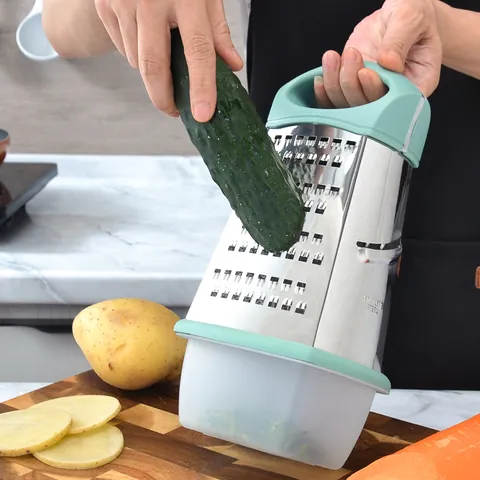 Multi-functional Stainless Steel 4-Sided Vegetable Grater With Container Non-Slip Curved Handle Shredder Slicer For Kitchen