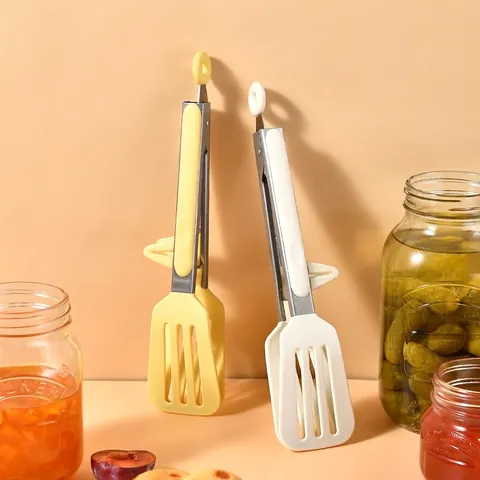 Silicone Food Tongs With Stand Stainless Steel Handle Heat Resistant Kitchen Tongs For BBQ Bread Steak Buffet Serving Yellow White