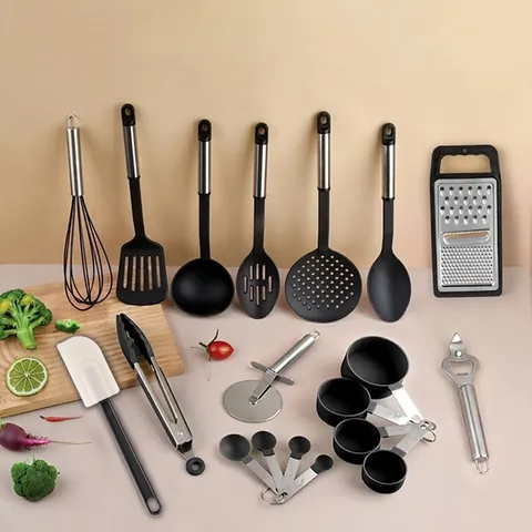 Nylon And Stainless Steel Kitchen Utensil Set Heat Resistant Cooking Tools Including Whisk Tongs Turner Soup Ladle Spatula Kitchenware