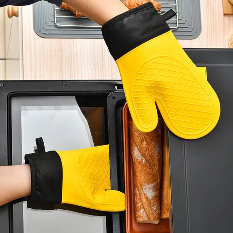 Thickened Silicone Oven Mitts Heat Resistant Non-slip Diamond Texture Baking Gloves With Long Fabric Cuff For Kitchen Microwave Cooking
