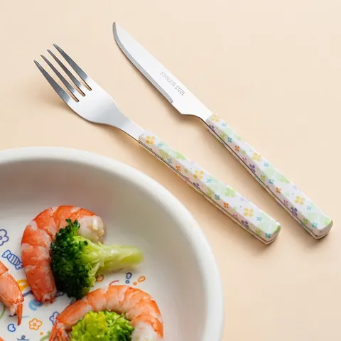Stainless Steel Steak Knife And Fork Set For Six Person Cutlery Set Printed Solid Color Floral Pattern Tableware For Home Kitchen Party Banquet Wedding Gift