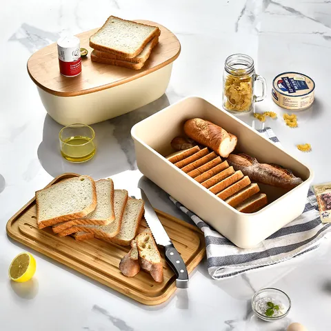 Nordic Cream White Bread Box with Multifunctional Bamboo Lid Cutting Board Large Capacity Kitchen Bread Storage Basket Bamboo PP Plastic