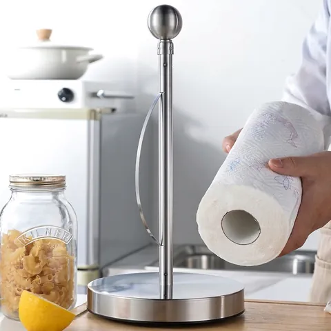 Stainless Steel Kitchen Paper Towel Holder Weighted Suction Cup Base Freestanding Paper Roll Stand Organizer For Countertop Dining Table Modern Minimalism Home Storage Rack