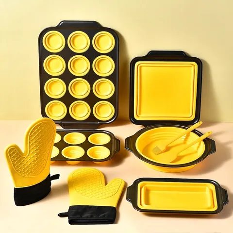 Silicone Baking Mold Set Heat Resistant Cake Pans With Carbon Steel Frame Including Muffin Trays Loaf Pans Spatula Oven Mitts For Kitchen