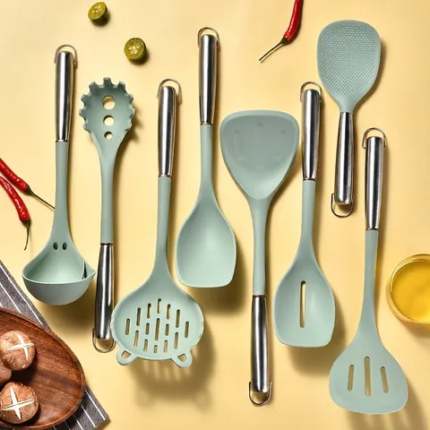 Food Grade Silicone Cooking Utensils With 430 Stainless Steel Hollow Handle Heat Resistant Non Stick Turner Soup Spoon Kitchen Tool