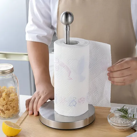 Stainless Steel Kitchen Paper Towel Holder Weighted Suction Cup Base Freestanding Paper Roll Stand Organizer For Countertop Dining Table Modern Minimalism Home Storage Rack