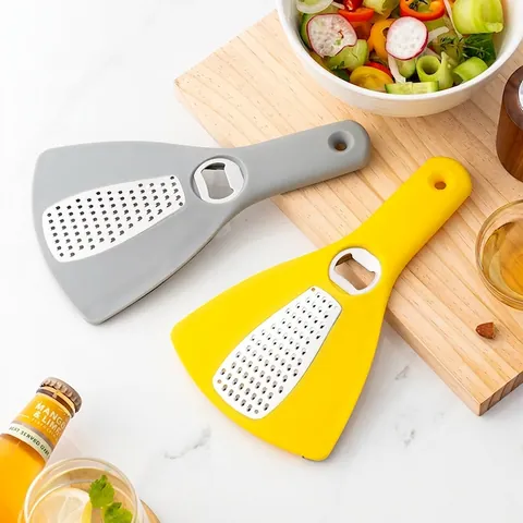 Multifunctional Stainless Steel Manual Vegetable Grater Bottle Opener Can Opener Tool with PP Handle for Kitchen Outdoor Yellow Grey