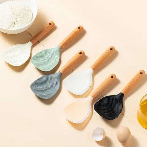 Non-Stick Silicone Rice Paddle With Beechwood Handle Food Grade Heat Resistant Rice Scoop For Electric Rice Cooker Kitchen Tool