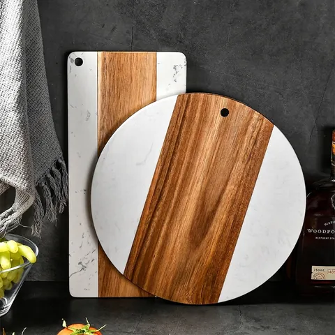 Marble and Acacia Wood Splicing Steak Board Western Serving Tray Bread Board Non-Slip Kitchen Chopping Block Round Rectangular