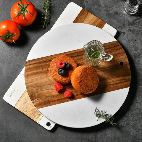 Marble and Acacia Wood Splicing Steak Board Western Serving Tray Bread Board Non-Slip Kitchen Chopping Block Round Rectangular