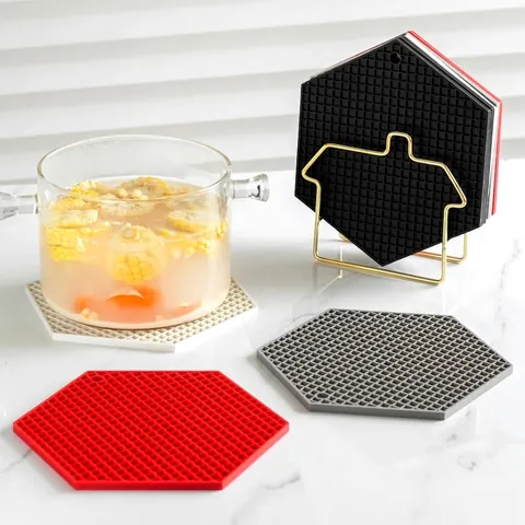Heat Resistant Silicone Hexagonal Placemats Honeycomb Anti-Slip Insulation Pad For Pot Bowl Dish With Metal Storage Rack Kitchen Accessories