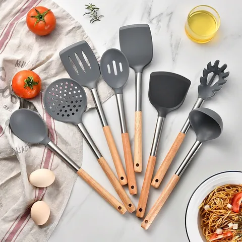 Silicone Kitchen Utensil Set Oak Wood Handle Non-Stick Heat Resistant Spatula Soup Ladle Cooking Tools for Home Kitchen