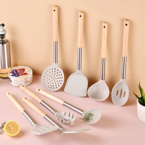 Silicone Kitchen Utensil Set Oak Wood Handle Non-Stick Heat Resistant Spatula Soup Ladle Cooking Tools for Home Kitchen