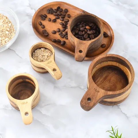 Acacia Wood Measuring Cups Kitchen Baking Tool Natural Grain Coffee Scoop Ergonomic Handle Durable Wood Flour Measurement Kitchenware