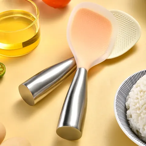 Standing Silicone Rice Scoop Stainless Steel Handle Heat Resistant Non-Stick Kitchen Serving Spoon for Home Cooked Rice