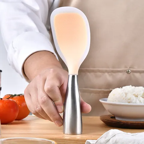 Standing Silicone Rice Scoop Stainless Steel Handle Heat Resistant Non-Stick Kitchen Serving Spoon for Home Cooked Rice