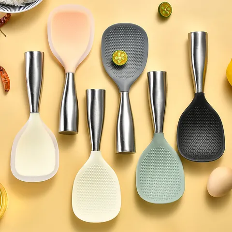 Self Standing Silicone Rice Spoon With 304 Stainless Steel Handle Non-Stick Heat Resistant Rice Serving Paddle Paddle Spoon For Kitchen